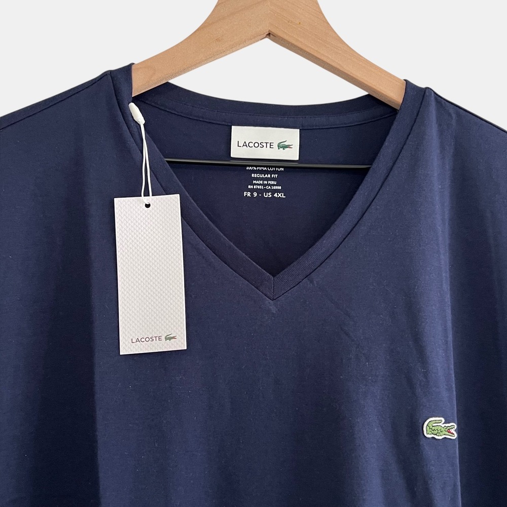 Lacoste Men's 4XL Navy Blue V Neck T Shirt Pima Cotton Regular Fit NWT Logo Tee